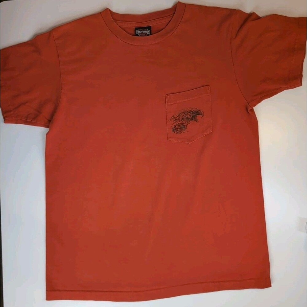 Vintage Harley-Davidson Eagle Pocket Shirt Mens M Angleton TX GOE Orange 2004